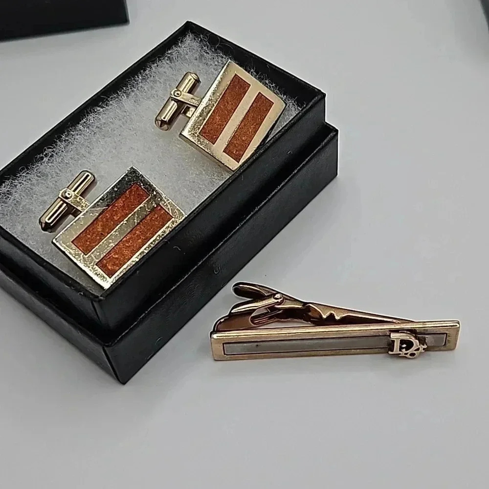 Christian Dior Bullet Back Gold Tone Equality Cufflinks and Tie bar
